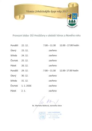 Provozní doba v době Vánoc 